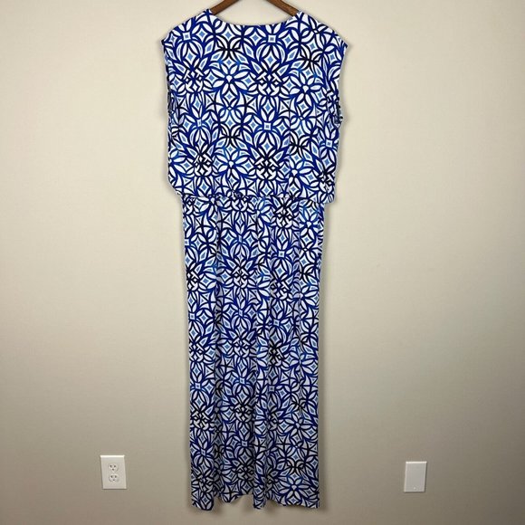 Chico's 3 Maxi Dress XL Blue White‎ Sleeveless Geo Print Jersey Knit Slit V-Neck - Picture 5 of 12